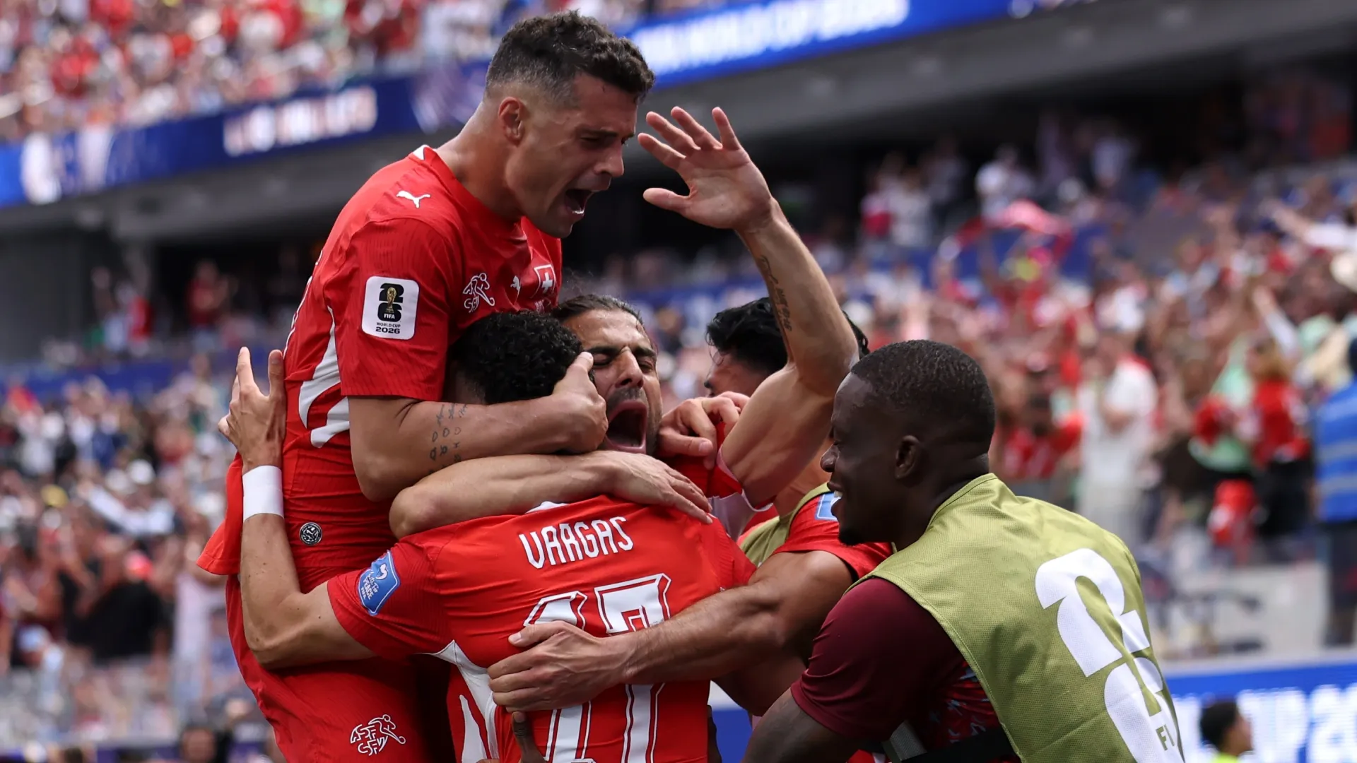 Ruben Vargas #17 of Switzerland celebrates scoring his teams second goal against Bosnia and Herzegovina.